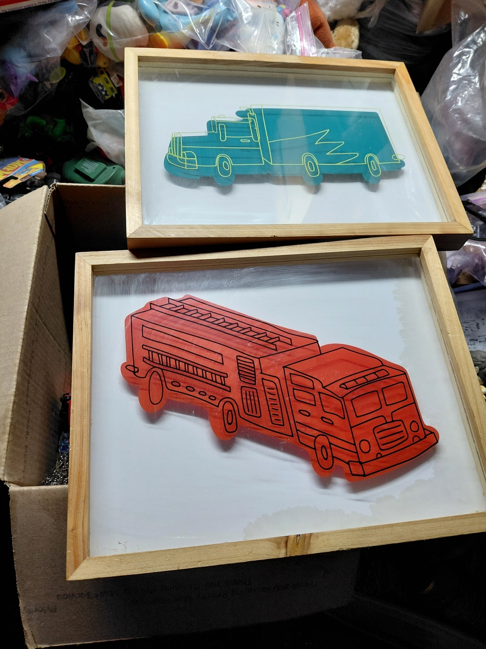 Target Pillowfort set fire truck and a semi-truck in 3D shadow box 14"x11" 2 set